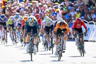 Belgian Wout van Aert of Team Visma-Lease a Bike crosses the finish line of stage 18 of the 2024 Tour de France cycling race, from Gap to Barcelonnette (179,5 km), in France, on Thursday 18 July 2024. The 111th edition of the Tour de France starts on Saturday 29 June and will finish in Nice, France on 21 July. BELGA PHOTO TOM GOYVAERTS (Photo by Tom Goyvaerts / BELGA MAG / Belga via AFP)