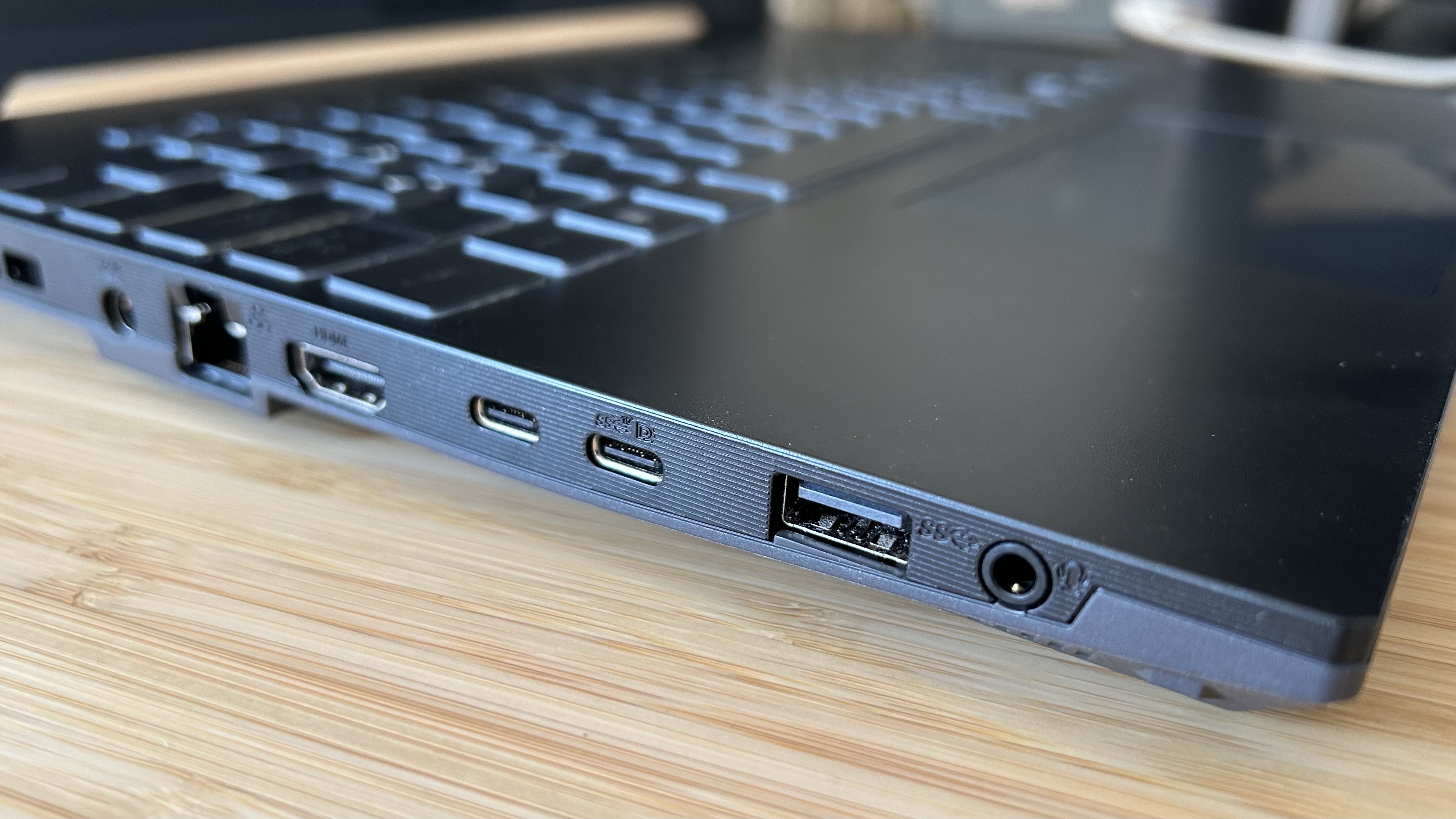 Close up on ports across left side of Asus TUF A15