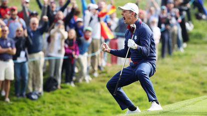 Justin Rose celebrates during the 2018 Ryder Cup