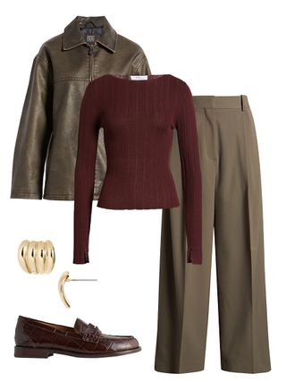 collage of maroon top, brown pants, brown loafers, and brown leather jacket