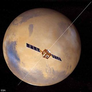 An artist's conception of the Mars Express craft with the MARSIS antenna in place.