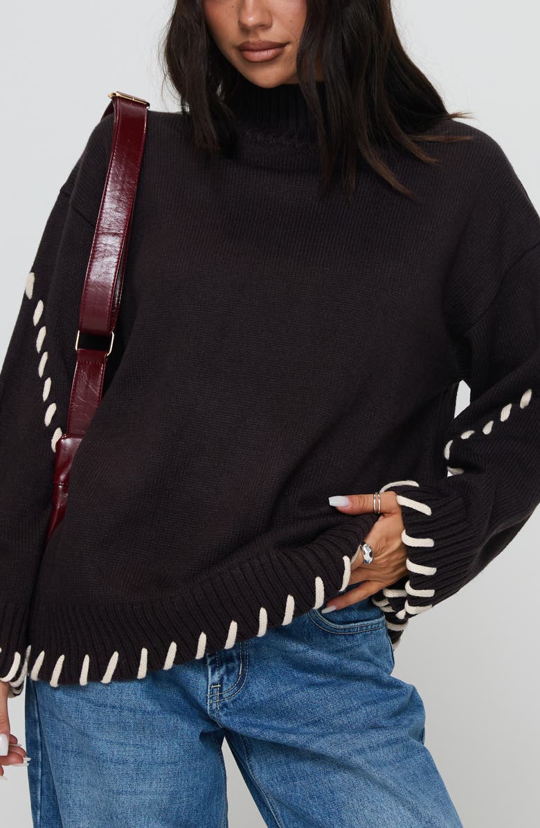 Leizure Whipstitch Trim Turtleneck Sweater