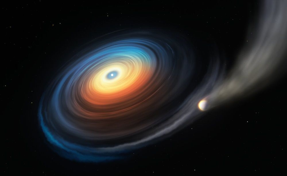 Artist&#039;s illustration of a Neptune-sized planet orbiting a white dwarf, losing atmosphere as the star&#039;s radiation erodes it away. 