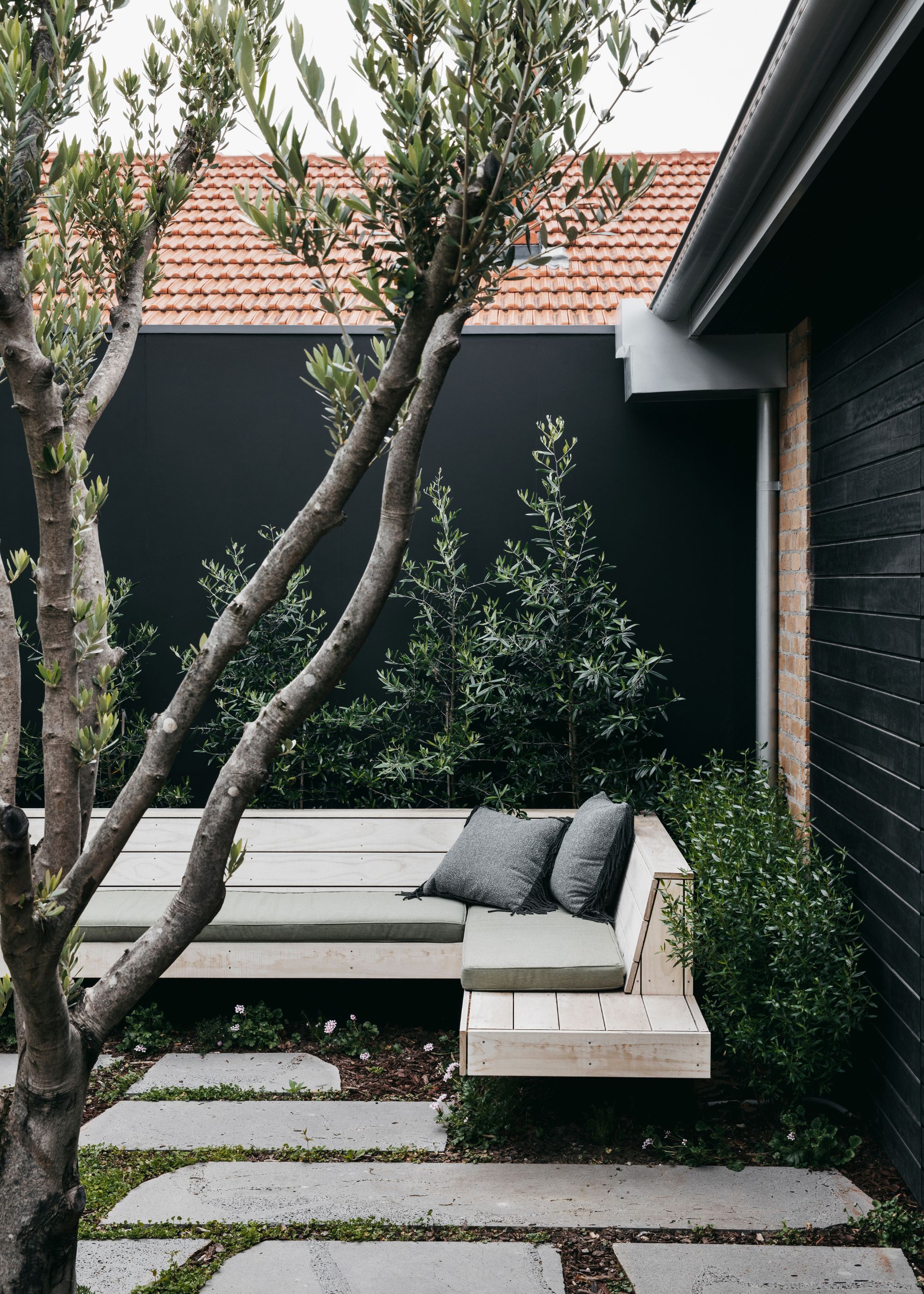 An outdoor seating area surrounded by shrubs, an olive tree, and a stone path