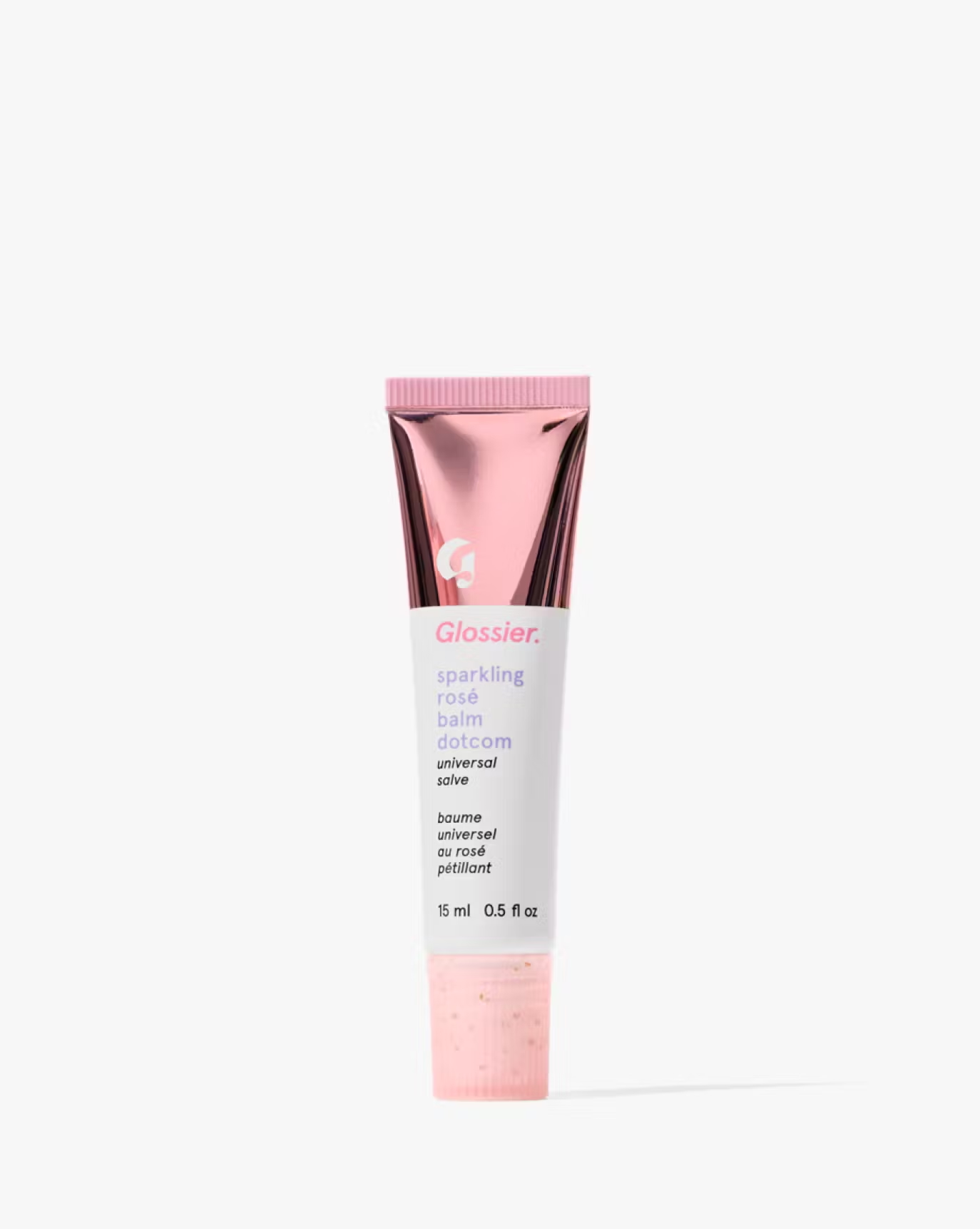A tube of Glossier Sparkling Ros&amp;eacute; Balm Dotcom