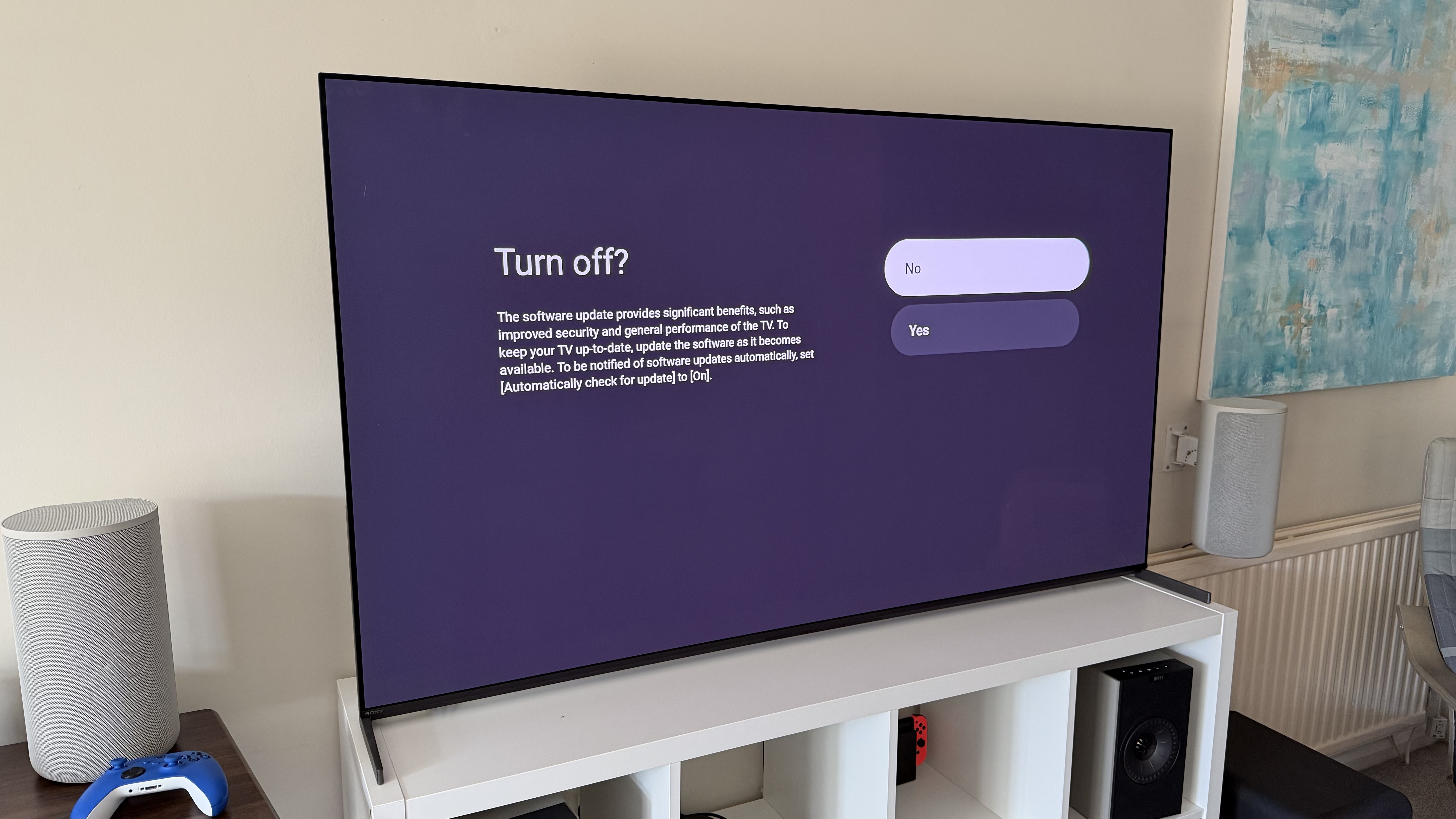 A photo of the Sony Bravia 8 II standing on top of a white bookcase