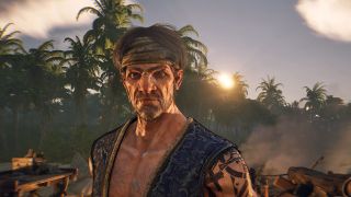 Windrose early access release trailer screenshot shows a male pirate wearing a bandana on his head, facing the camera.