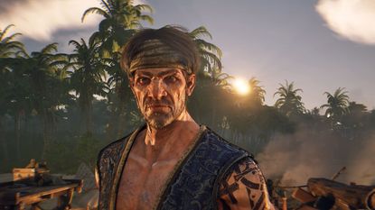 Windrose early access release trailer screenshot shows a male pirate wearing a bandana on his head, facing the camera.