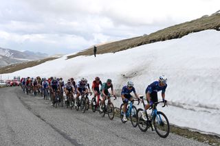 GRAN SASSO DITALIA CAMPO IMPERATORE ITALY MAY 12 LR Einer Augusto Rubio of Colombia and Carlos Verona of Spain and Movistar Team lead the peloton climbing to the Campo Imperatore 2123m during the 106th Giro dItalia 2023 Stage 7 a 218km stage from Capua to Gran Sasso dItalia Campo Imperatore 2123m UCIWT on May 12 2023 in Gran Sasso dItalia Campo Imperatore Italy Photo by Tim de WaeleGetty Images