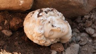 A white marble bust of Alexander the Great, severed at the neck, atop dirt and rubble.