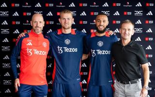 Matthijs de Ligt and Noussair Mazraoui of Manchester United poise after completing their moves to Manchester United