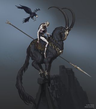 Making Remnant 2; a boney person sits on a black horse with horns holding a lance