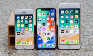 Apple iPhone 8, iPhone X and iPhone 8 Plus (left to right)