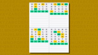 Quordle daily sequence answers for game 709 on a yellow background