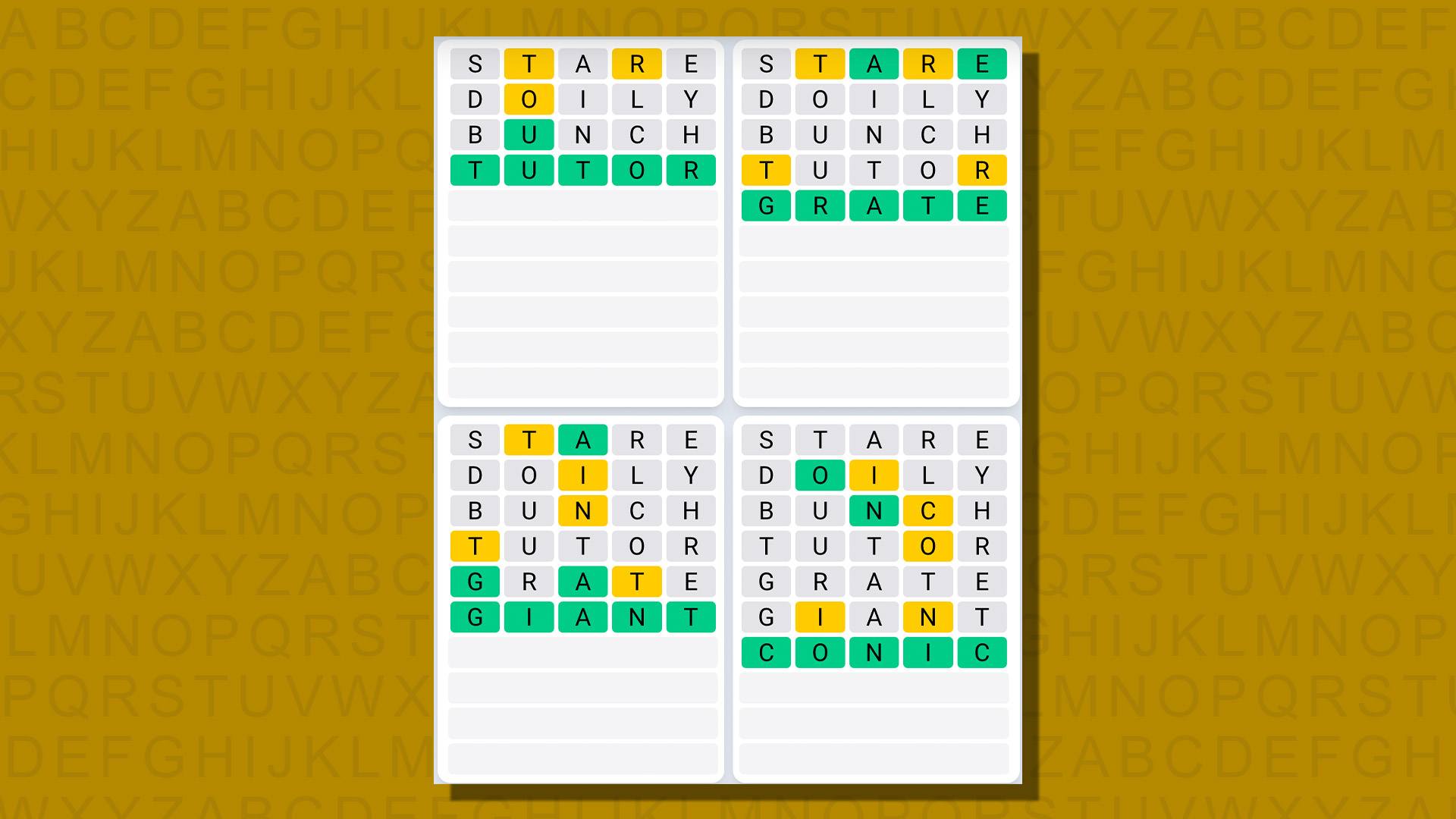 Ежедневная последовательность ответов Quordle для игры 709 на желтом фоне