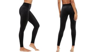a side-by-side of a woman wearing the Spanx Velvet Leggings, one of w&h's best plus-size leggings picks, at two different angles