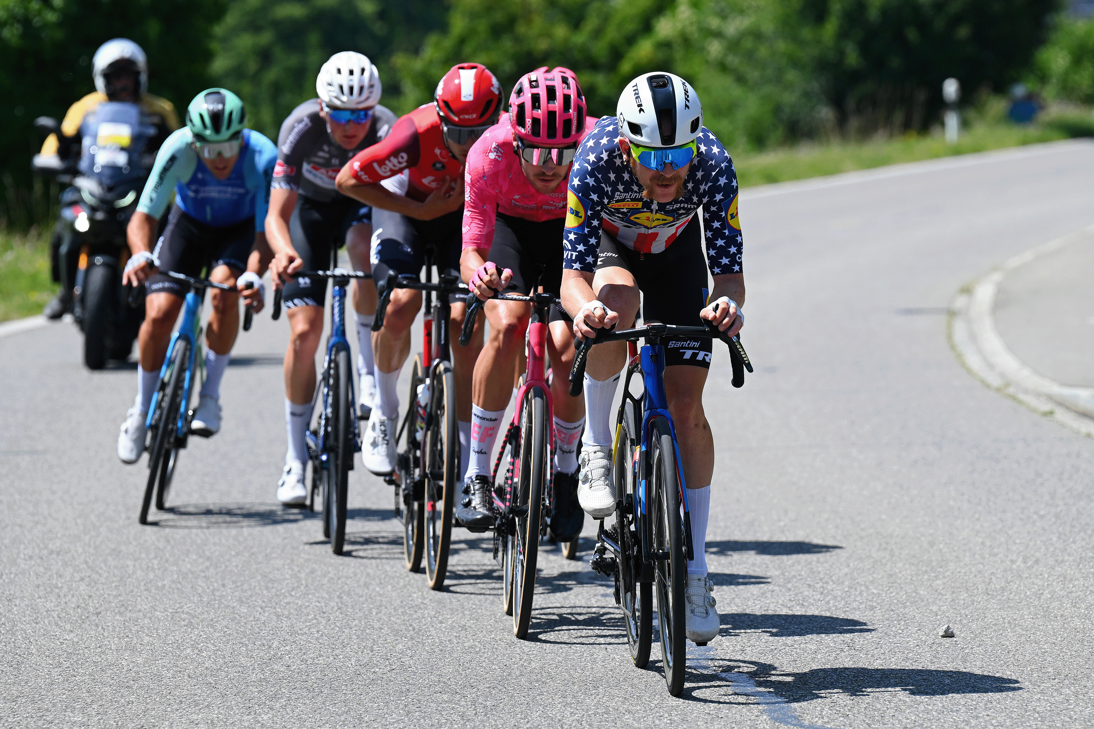 AARAU, SWITZERLAND - JUNE 17: Quinn Simmons of United States and Team Lidl - Trek competes in the breakaway during the 88th Tour de Suisse, Stage 3 a 195.6km stage from Aarau to Heiden 809m / #UCIWT / on June 17, 2025 in Aarau, Switzerland. (Photo by Tim de Waele/Getty Images)