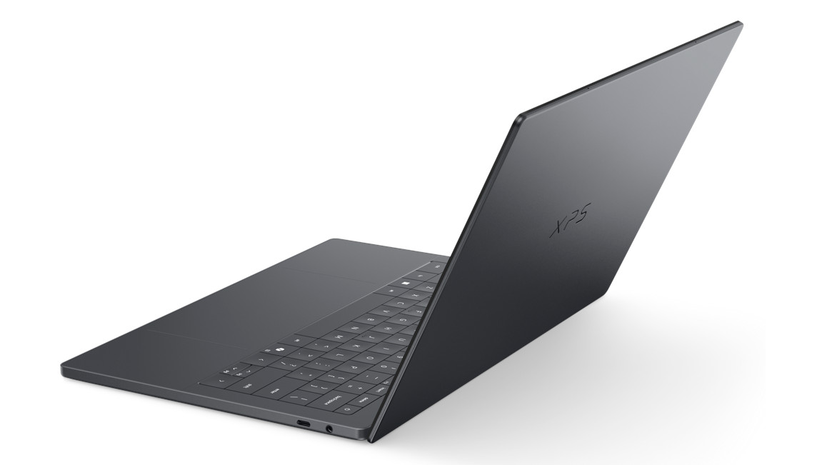 Dell XPS 14 2026 viewed from 45-degrees angle to rear, lid and keyboard visible