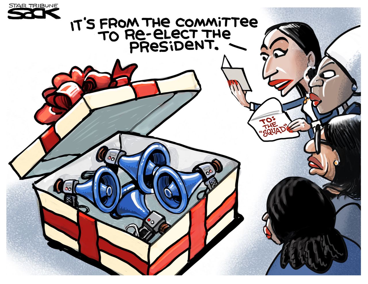 Political Cartoon Trump Re-election Megaphones AOC