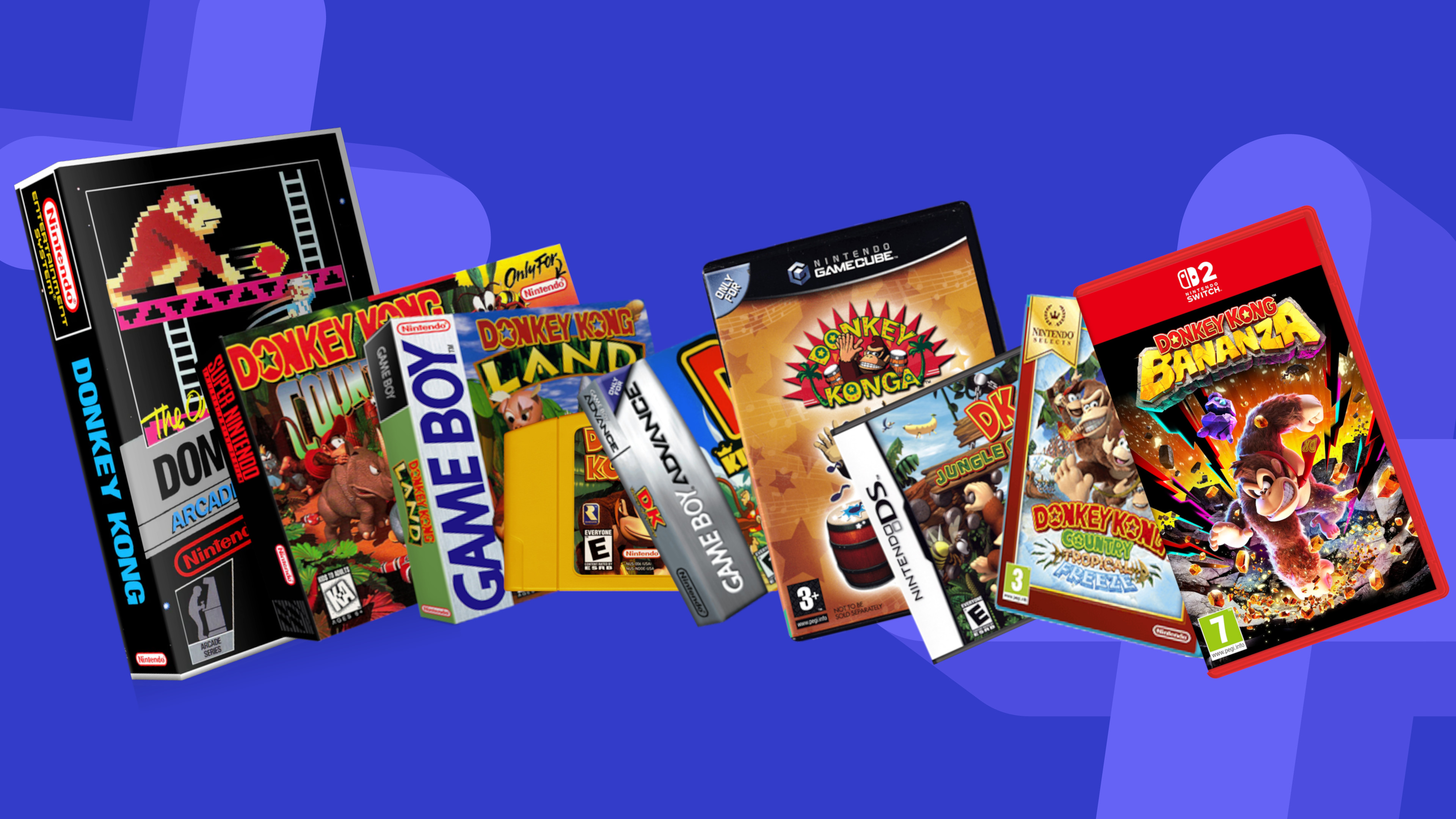 Donkey Kong Nintendo games lined up against a blue background