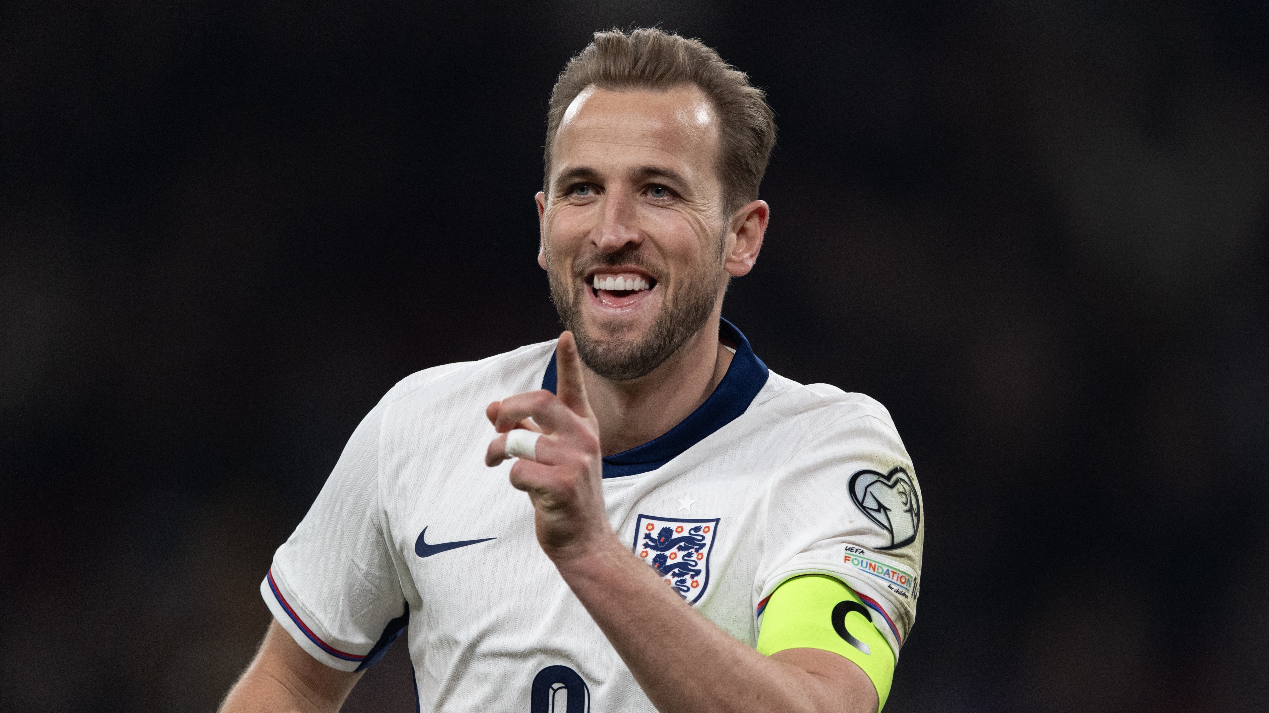 LONDON, ENGLAND - MARCH 24: Harry Kane of England celebrates after scoring the second goal during the FIFA World Cup 2026 European Qualifier between England and Latvia at Wembley Stadium on March 24, 2025 in London, England. (Photo by Visionhaus/Getty Images)