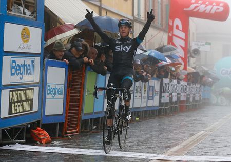 Ben Swift (Team Sky) solos across the line for the stage win.