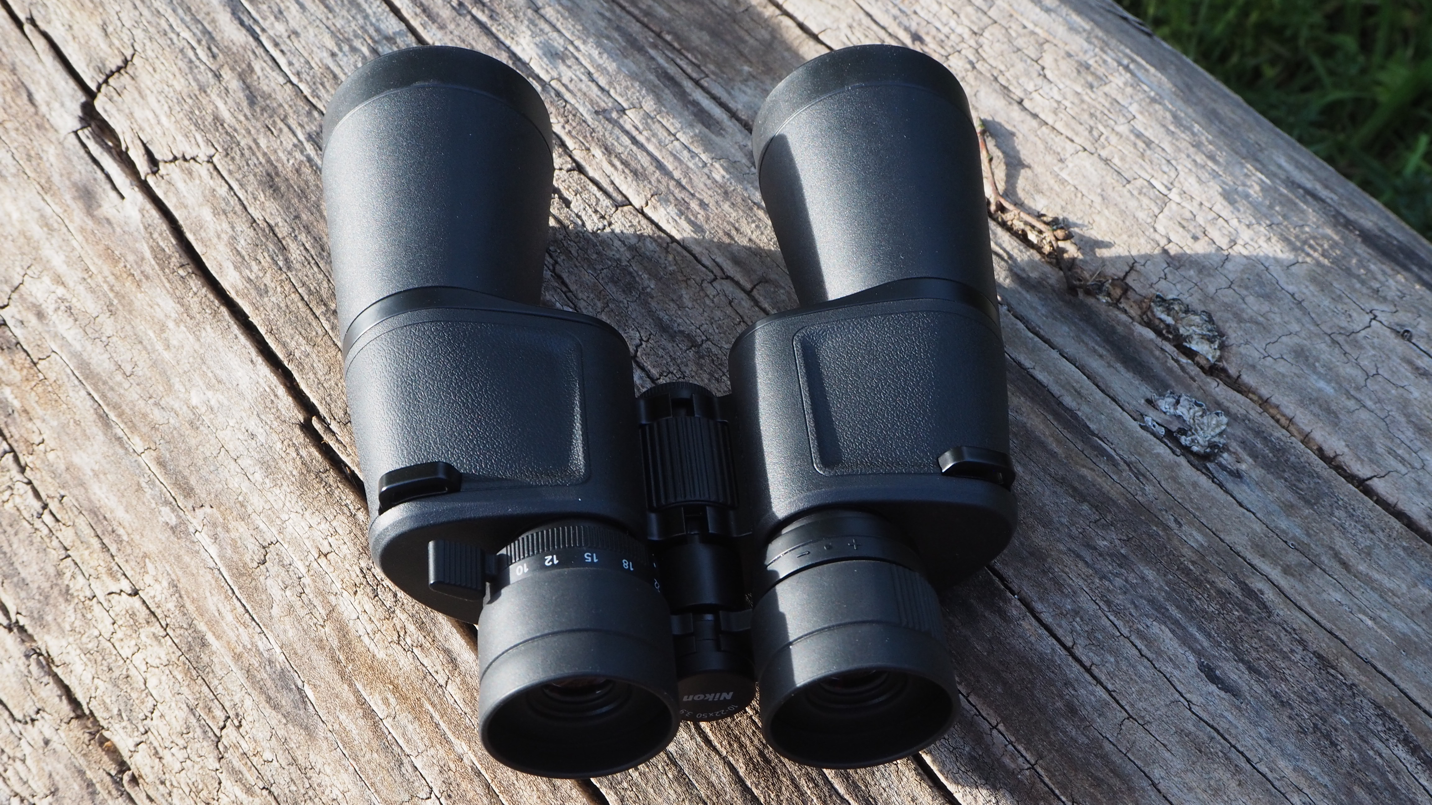 Nikon Action Zoom 10-22x50 binoculars on a log