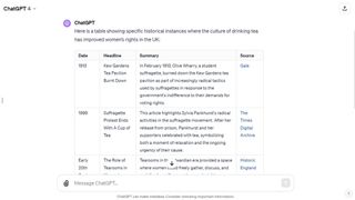 Screenshot showing a response from Chat-GPT listing historic events which includes credible sources