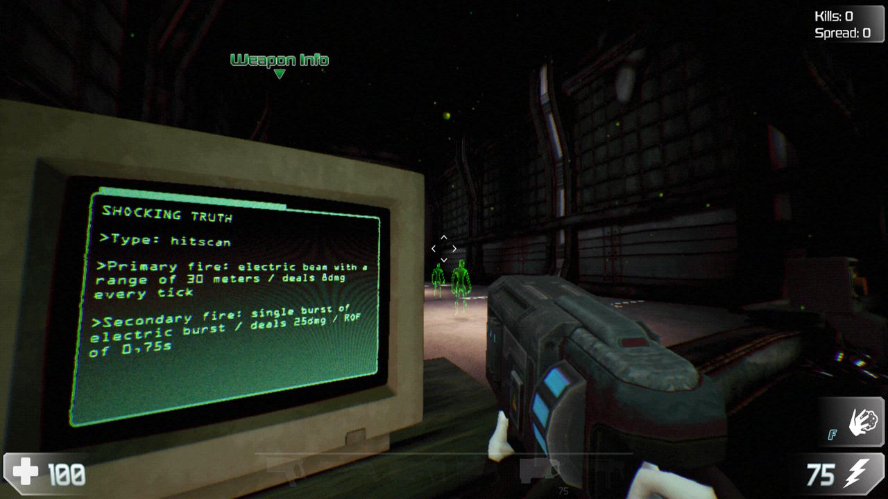looking down firing range with weapon spec sheet brought up nearby
