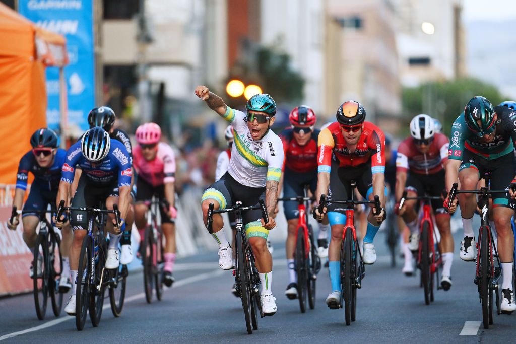 ADELAIDE AUSTRALIA JANUARY 14 Caleb Ewan of Australia and Australian National Team celebrates at finish line as race winner during the 23rd Santos Tour Down Under 2023 Schwalbe Classic Mens Elite TourDownUnder on January 14 2023 in Adelaide Australia Photo by Tim de WaeleGetty Images