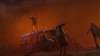 State of Decay 3 screenshot showing a survivor on top of a car, aiming their gun at nearby zombies 