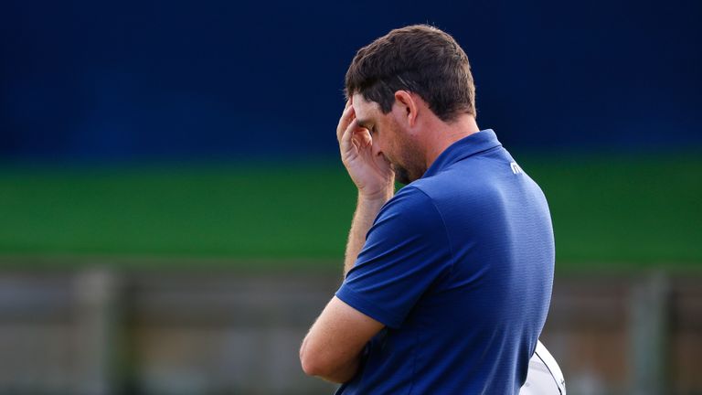 Keegan Bradley shows his disappointment after difficult finish