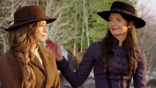 A first look trailer at Hope Valley: 1874 has Jill Hennessy and Bethany Joy Lenz in frontier gear and cowboy hats. Hennessy is supportively patting Lenz's arm. 