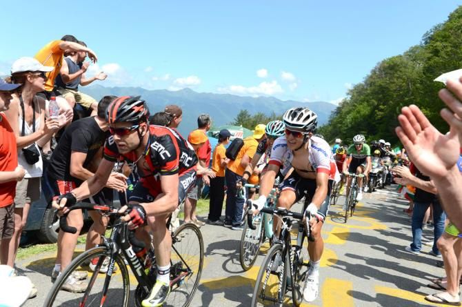 Cadel Evans and Michal Kwiatkowski in the yellow jersey group