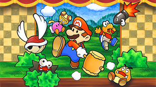 Paper Mario wields a wooden mallet and fends off enemies in official Nintendo concept art.