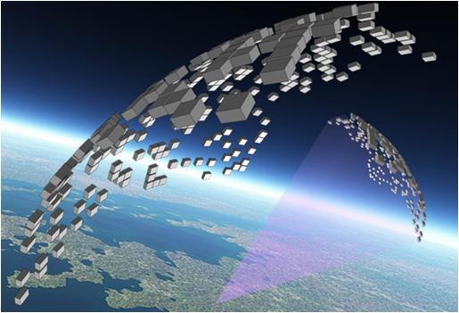 An artist&#039;s depiction of what a swarm of chip-sized satellites might look like. 