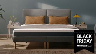The Emma Original Mattress placed on a grey bed frame with a Black Friday mattress deals image overlaid on top 