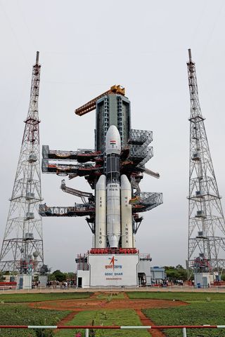 A GSLV Mark III rocket carrying the Chandrayaan-2 moon orbiter, lander and rover stand ready to launch from India's the Satish Dhawan Space Centre in Sriharikota.