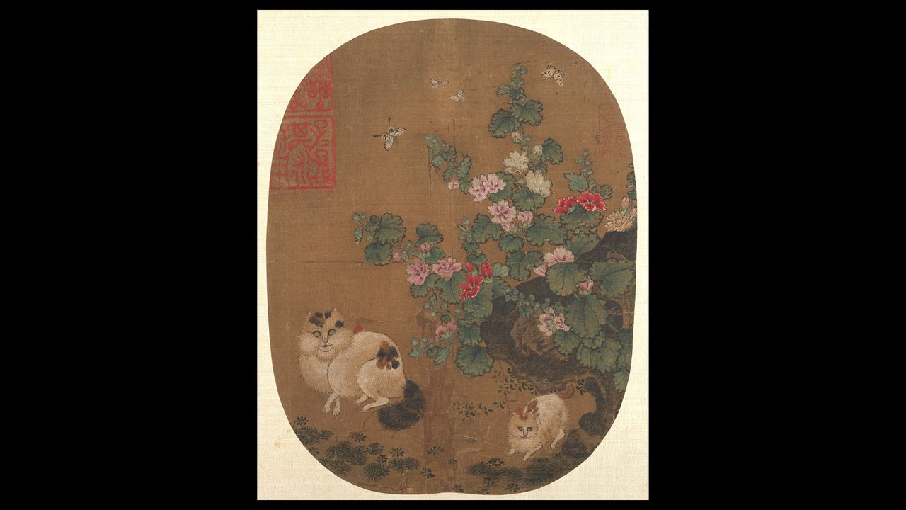 Hollyhocks and Cats Unidentified Artist