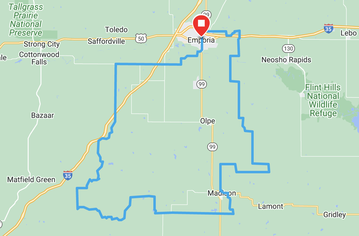 Route map of Unbound Gravel 100 for 2022
