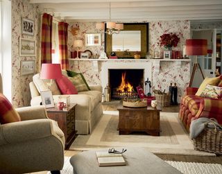 cottage living room with fireplace