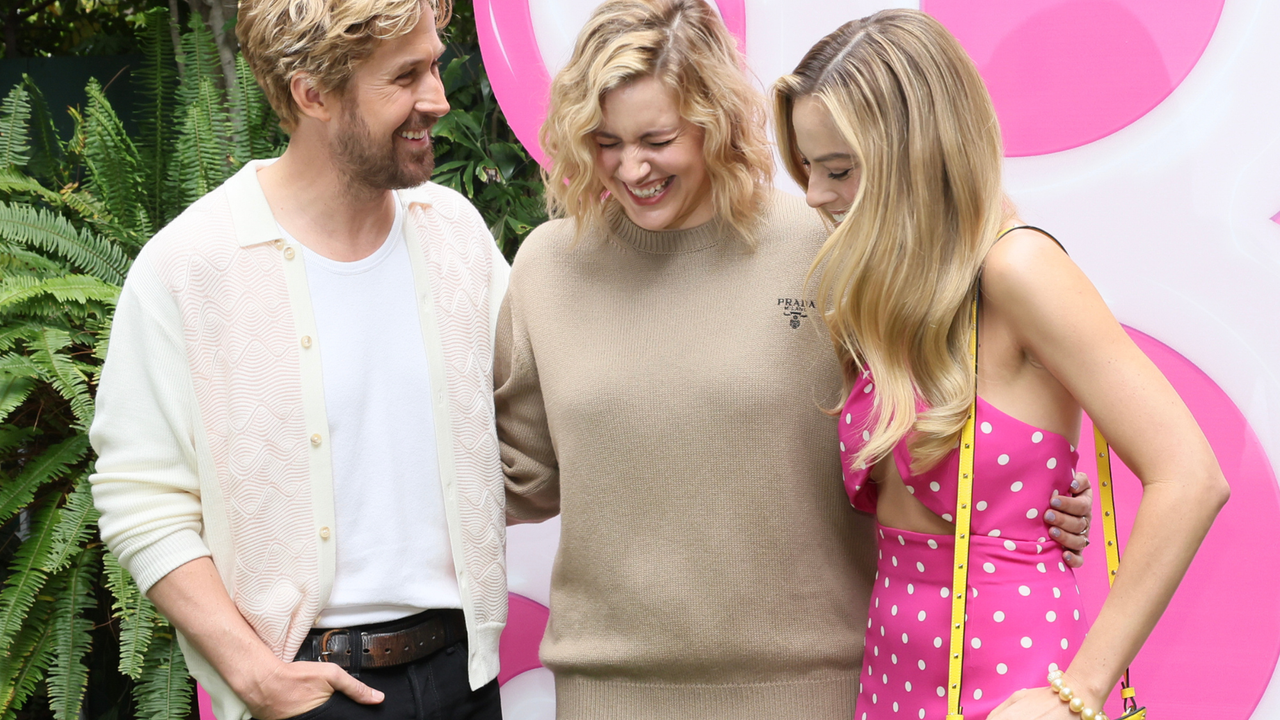 Ryan Gosling, Greta Gerwig and Margot Robbie attend the press junket and photo call for &quot;Barbie&quot; at Four Seasons Hotel Los Angeles at Beverly Hills on June 25, 2023 in Los Angeles, California.