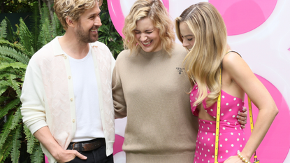 Ryan Gosling, Greta Gerwig and Margot Robbie attend the press junket and photo call for "Barbie" at Four Seasons Hotel Los Angeles at Beverly Hills on June 25, 2023 in Los Angeles, California.
