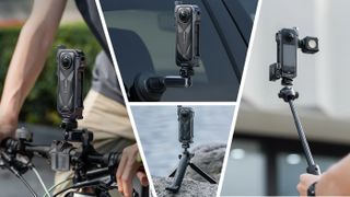 PGYTech Insta360 x5 camera cage mounted to various things such as a tripod, bike, car window, and selfie stick
