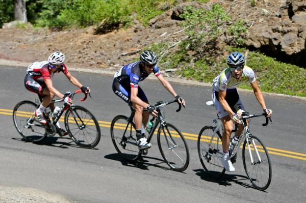 An early break works its way up the switchbacks early on the climb.