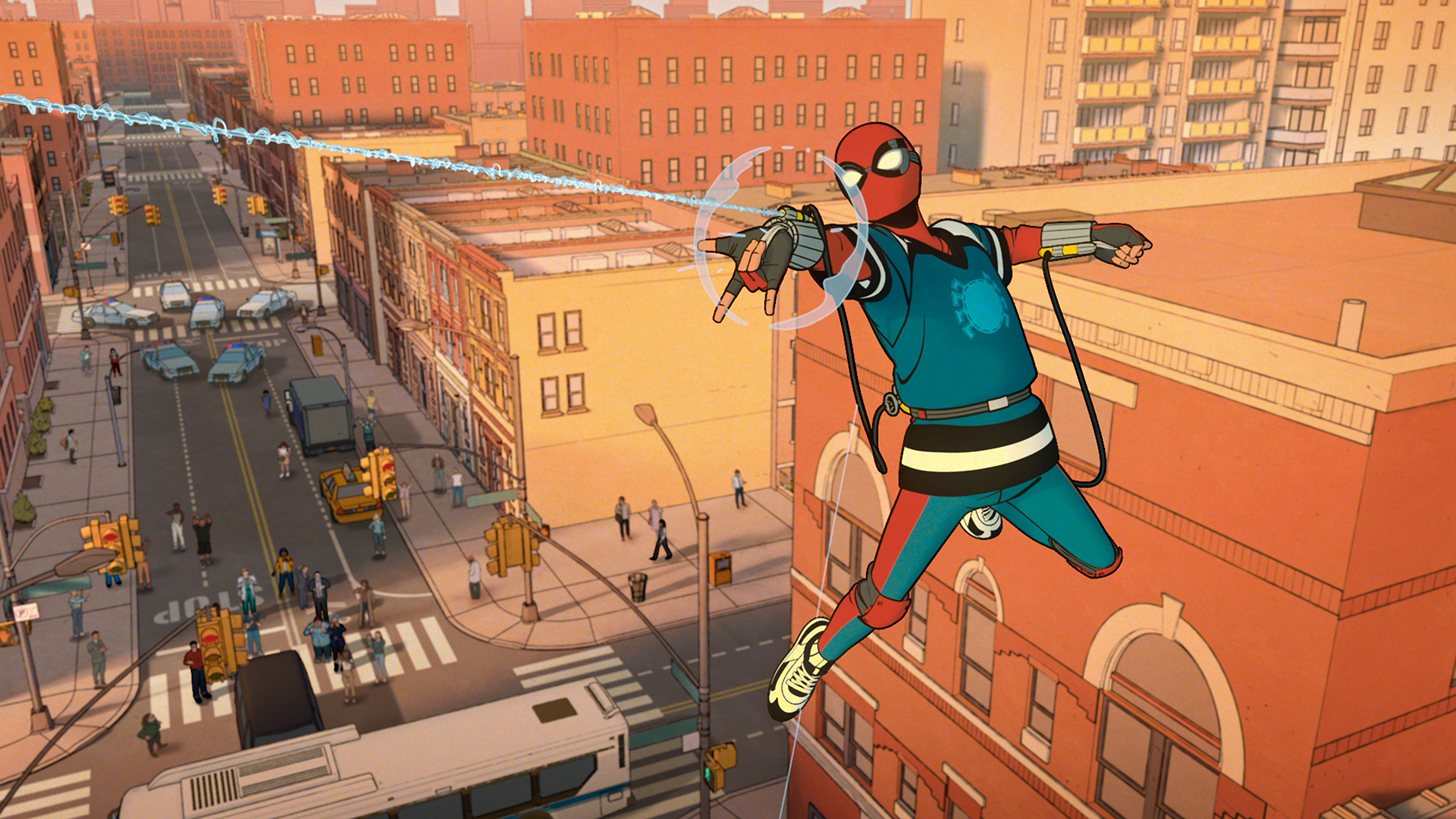 Spider-Man swinging through New York City in Your Friendly Neighborhood Spider-Man