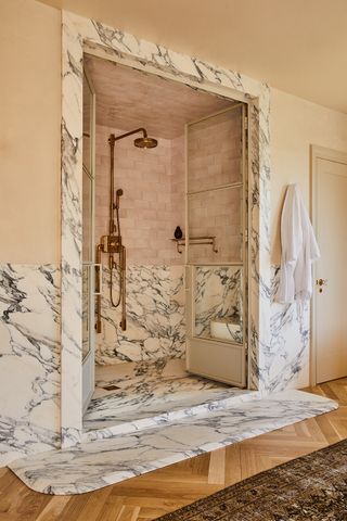 shower room surrounded by marble