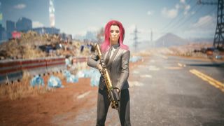 V in Cyberpunk 2077 with pink hair, wearing a suit, holding a rifle in the street.