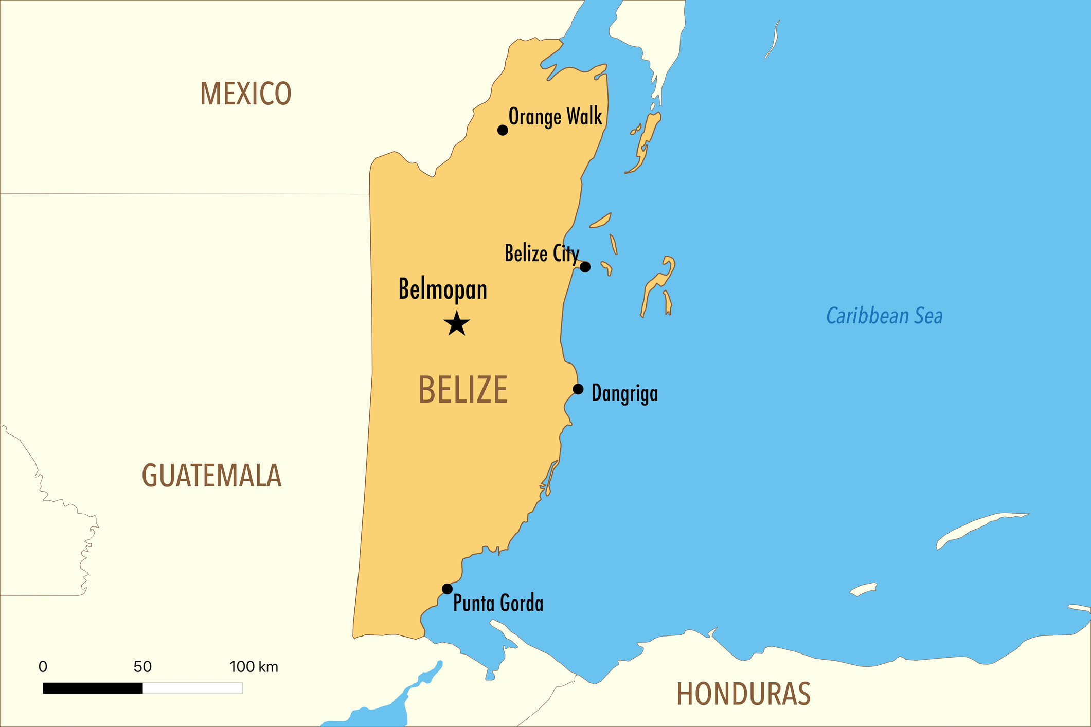 Vector Map of Belize with Major Cities and Neighboring Countrie.