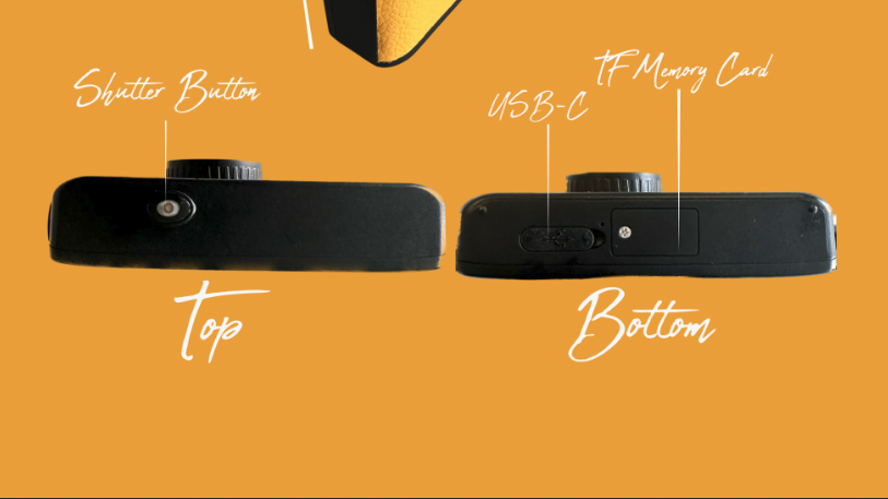 Camp Snap camera on yellow background, yellow version, with the various camera features drawn out